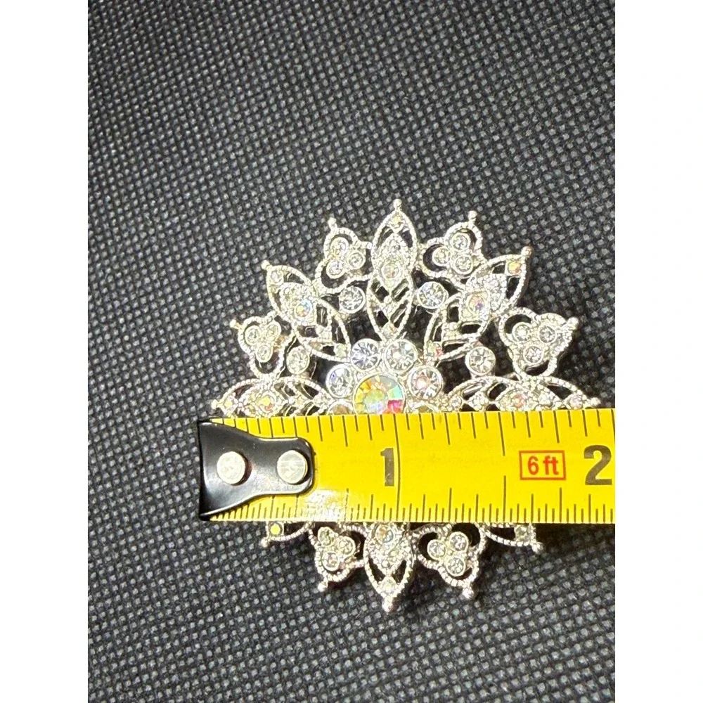 Silver Tone AB Crystal Rhinestone Sunburst Filigree Brooch Pin Vintage Style 2